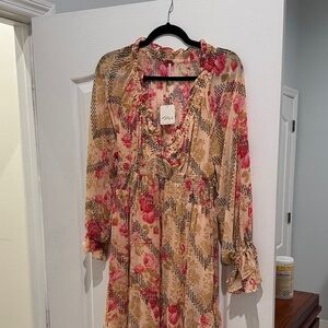 Free People Pink and Cream Floral Long Sleeve Dress